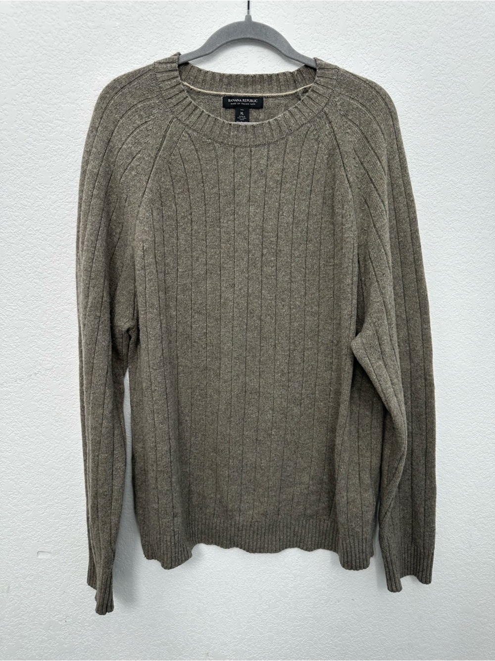 Banana Republic Mens XL Tall Taupe Wide Rib Italian Yarn Recycled Wool Sweater